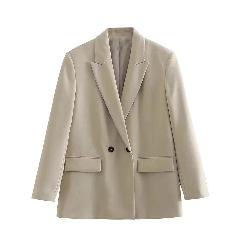 Women Double Breasted Loose Fitting Blazer Coat Vintage Long Sleeve Pockets Female Outerwear Blazer