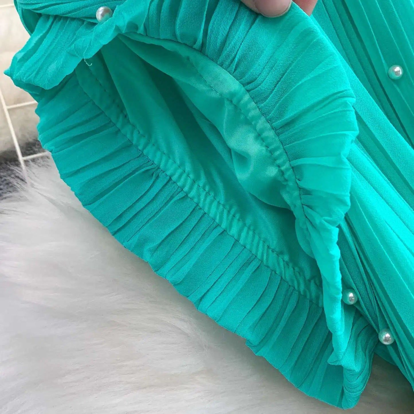 Summer Luxury Pearls Long Chiffon Dress For Women Loose Big Size Short Sleeve Crystal Birthday Evening Midi Pleated Dresses
