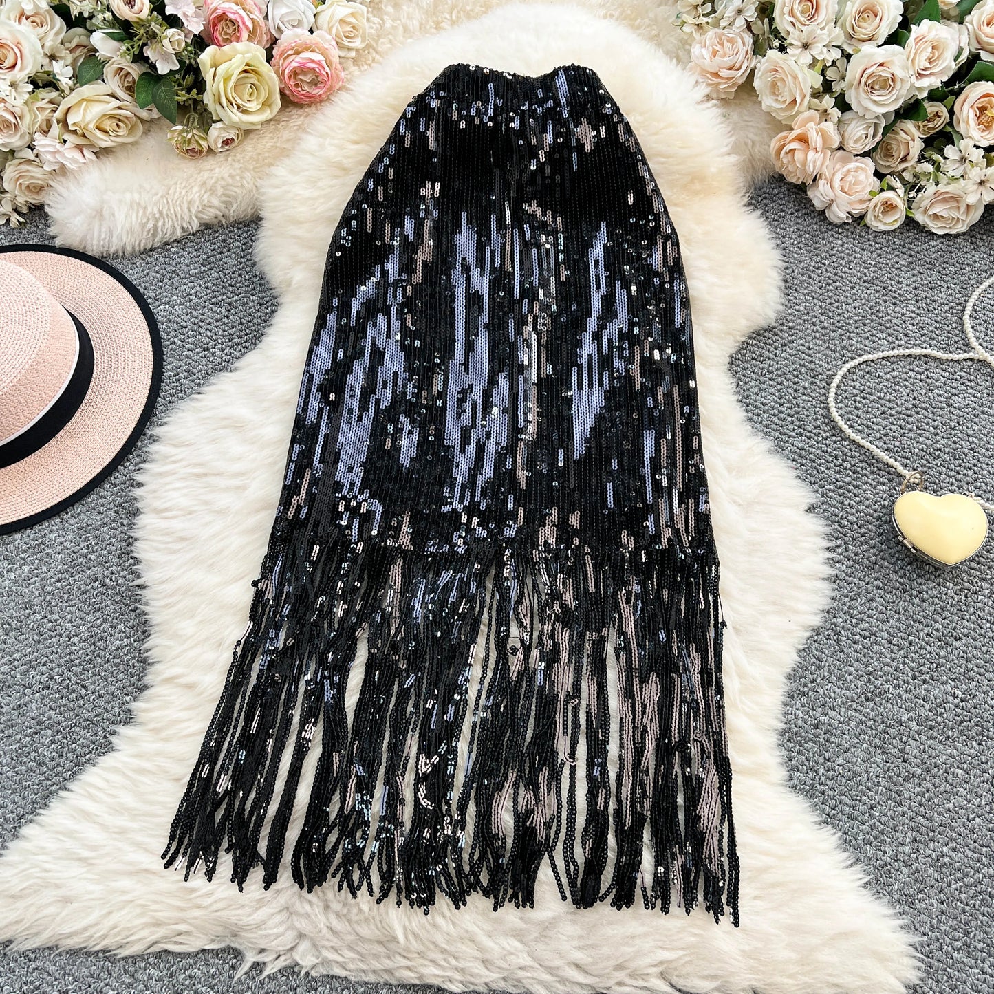 Women Chic Sequin tassel glitter Skirt High Waist Elegant Korean Fashion Skirt