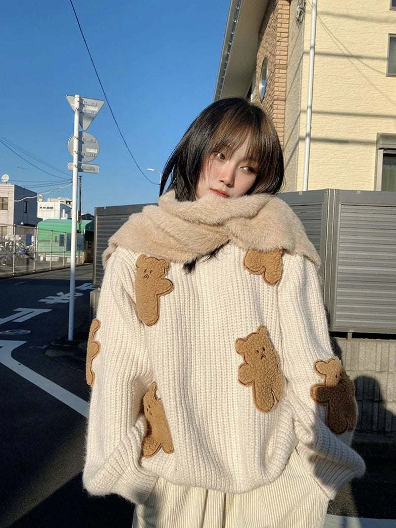 Sweet Cartoon Bear Sweater Women Cute Knitted Pullover Oversized Knitwear
