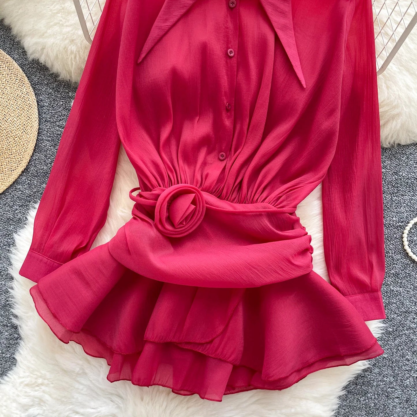 3D Floral Vintage Shirt Women Lapel Neck Long Sleeves Sheer Bohemian Organza Blouse