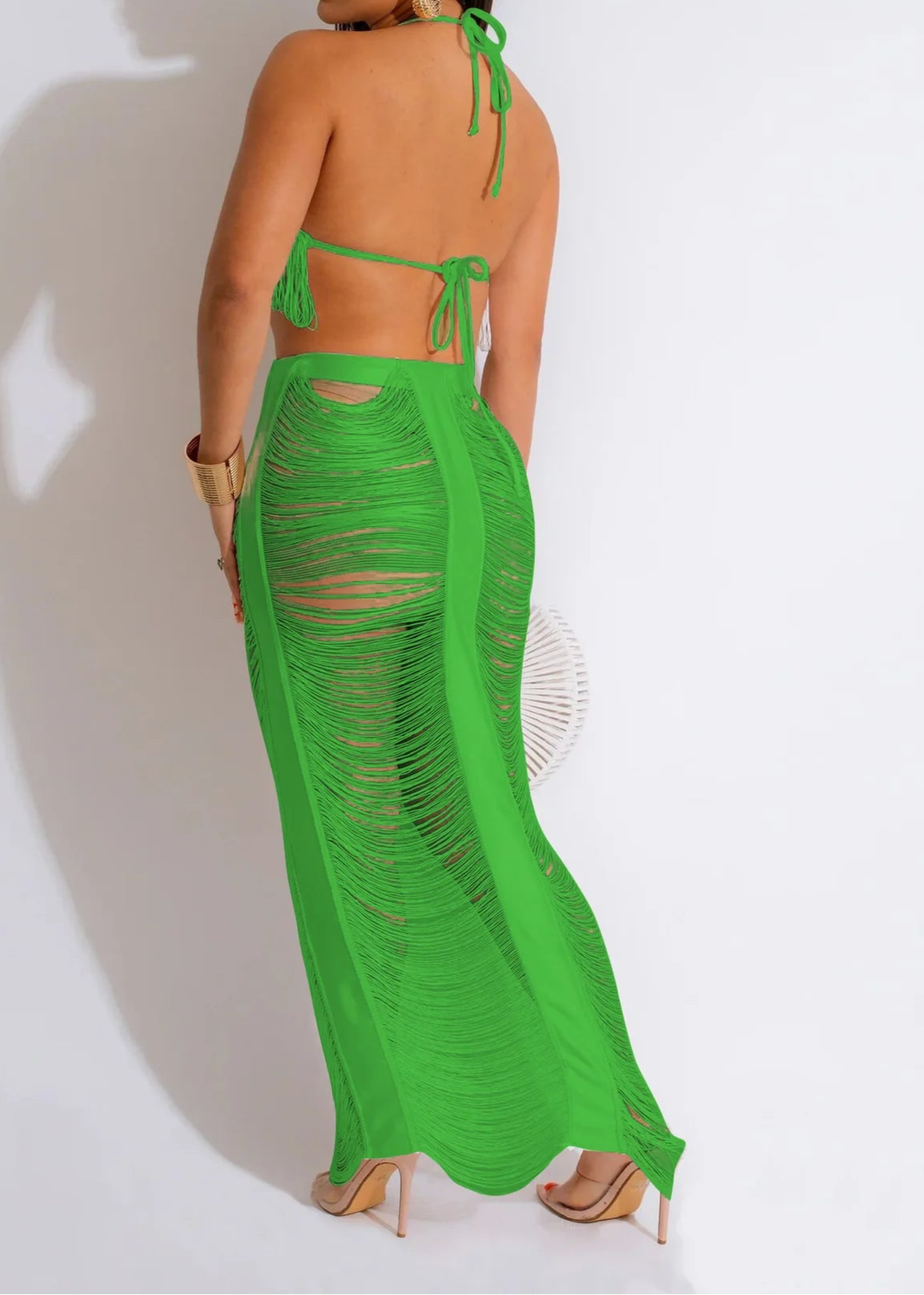 Beach Sexy Ripped Out Tassel See Through Maxi Long Skirt Set and Crop Top Two 2 Piece Set