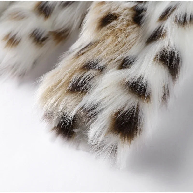 Elegant Leopard Print Faux Fur Cropped Jacket For Women Outwear