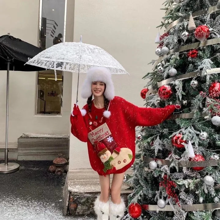 Christmas Sweater Loose New Lazy Thick Sweater Three-dimensional Cartoon Red Sweater