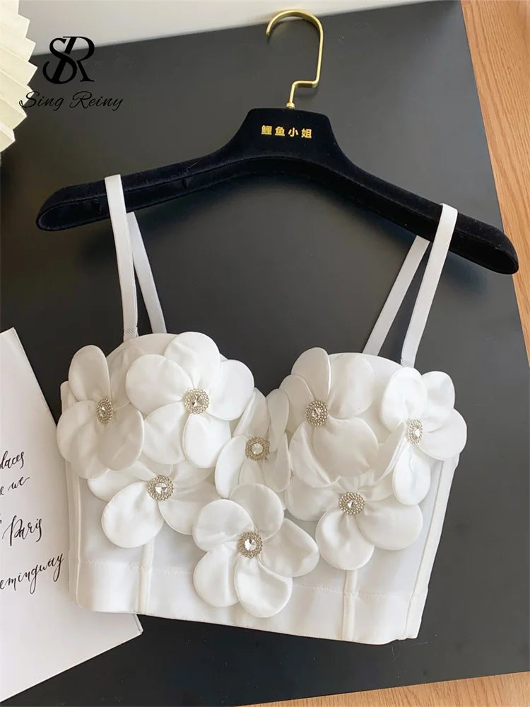 Women 3D Floral Lingerie Top Strap Chest Pad Solid Backless Corset Tank Top