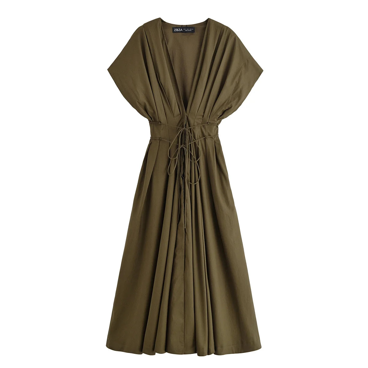 V-neck Lace-up Midi Dress Short Sleeve Backless Pleated Dress