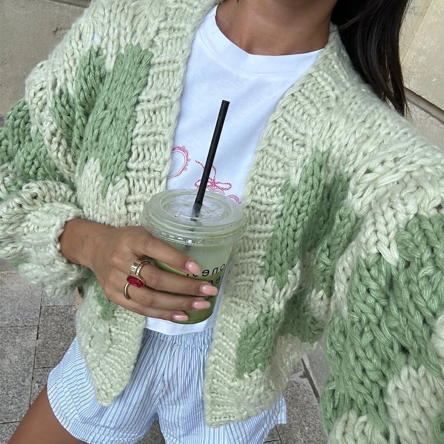 Vintage Lantern Sleeves Knitted Sweater Stripe Pattern Cropped Cardigans Y2K