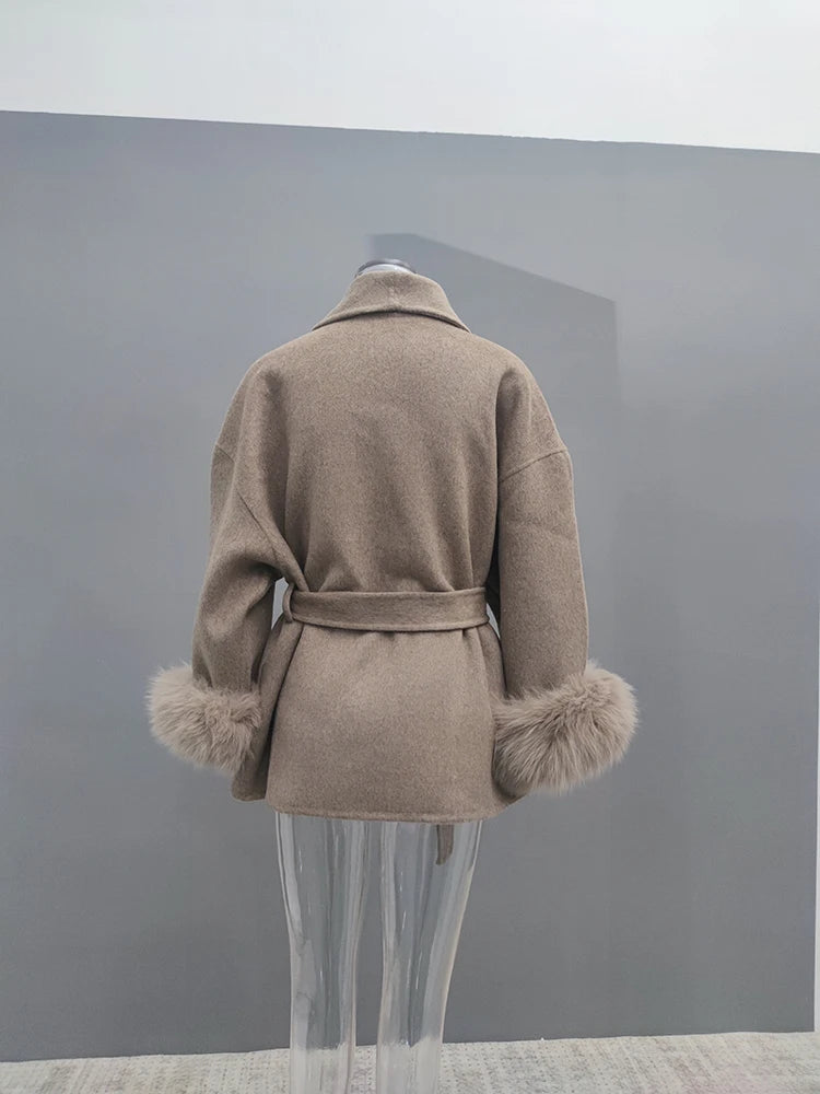 Women Overcoats Fur Patchwork Long Sleeve Woolen Coat