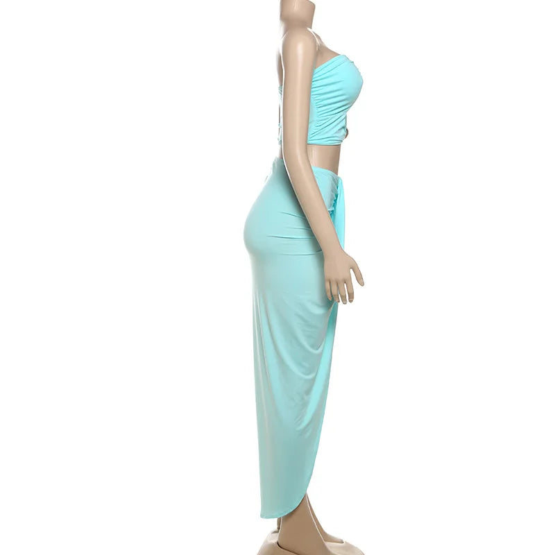 Hollow Metal Buckle 2 Piece Set Resort Wear Women Y2K Split Maxi Skirt Matching Clubwear Outfits