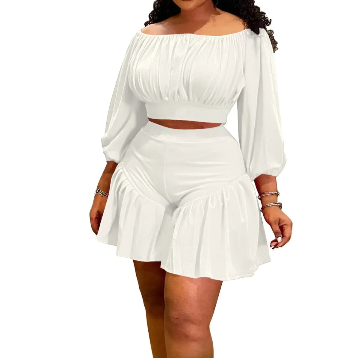 Plus Size Women's Set Long Sleeve Slash Neck T-Shirt and Shorts Summer Two 2 Piece Set