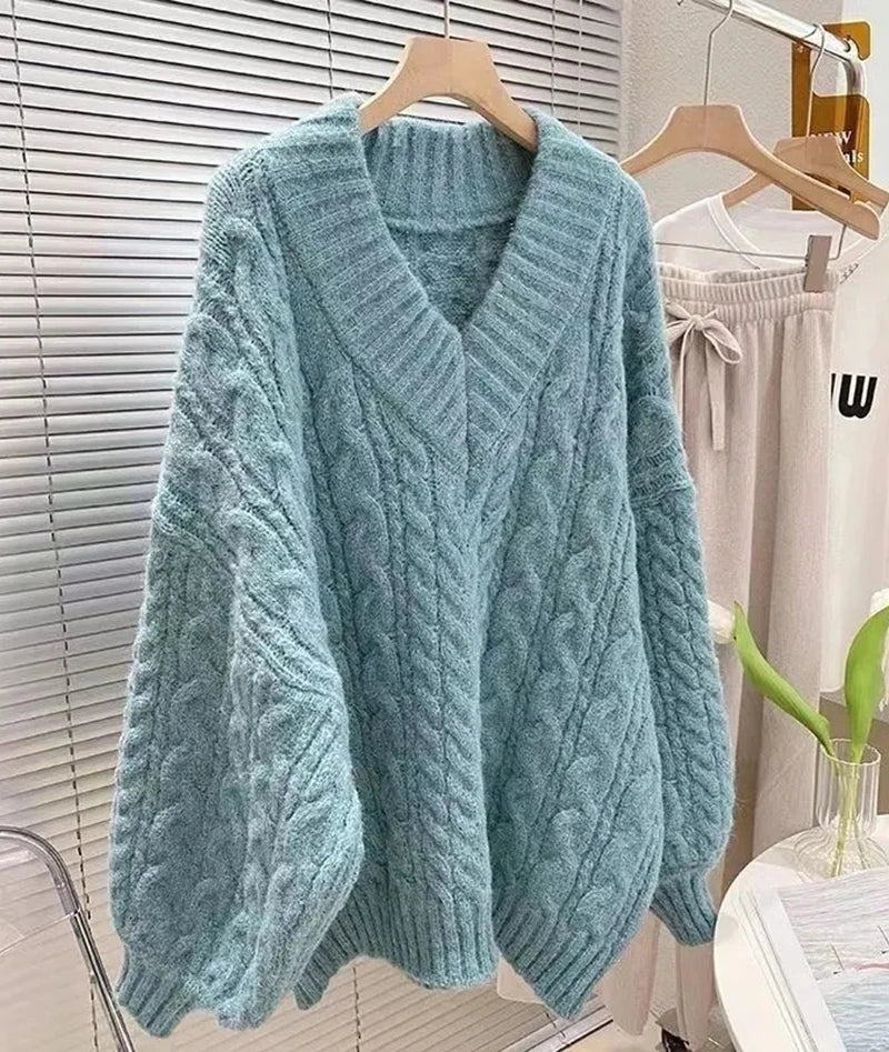 Lantern Sleeve Knit Sweater Women Korean Solid Twist V-Neck Pullover Jumper