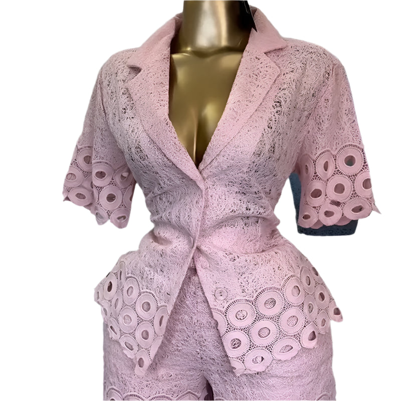 Lace Embroidery Women's Set half Sleeve Shirt and Shorts Two 2 Piece Sets Outfit