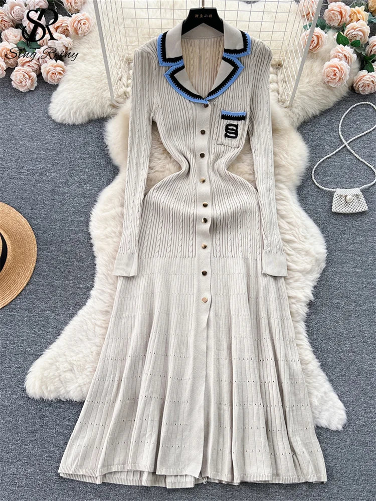 Women Polo Dress Single Breasted Pocket Design Bodycon Knitted Dress Sweater Midi Dress