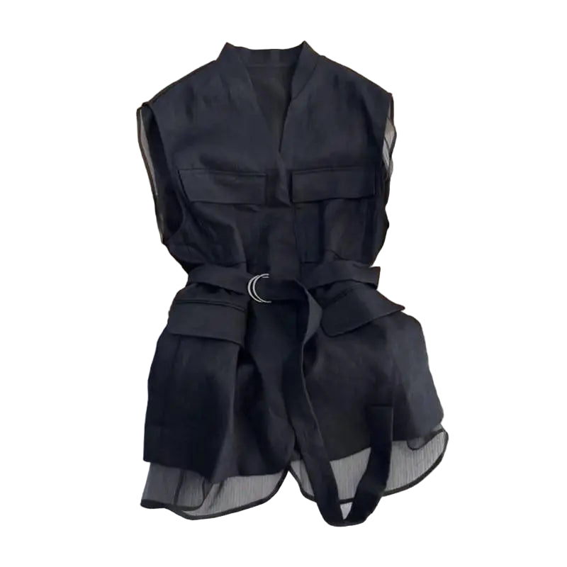Black Blouse Sleeveless Vest Tops for Women Mesh Patchwork Shirt