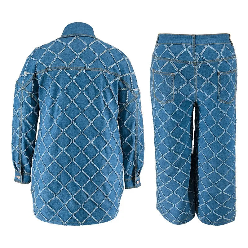 Plus Size Denim Two Piece Sets Women Long Sleeve Tops and Pants Matching Suits
