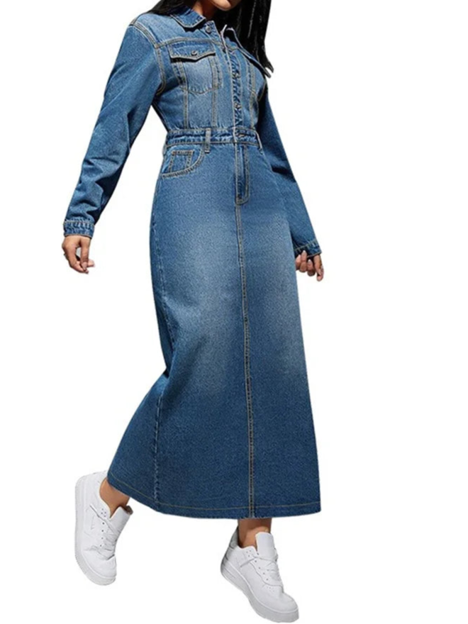 Denim Dress Women Sexy Button Bodycon Maxi Fashion Slip Hem Pockets Maxi Dressers