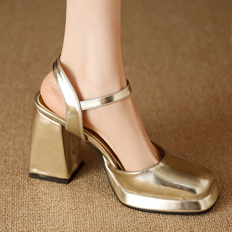 Luxury Women's Sandals Summer Shoes Ankle Strap Gold Silver High Heels Close Toe Party Shoes