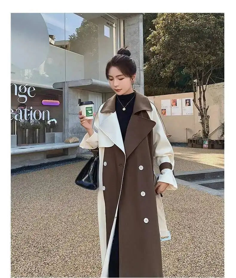 Color Block Trench Coat Double Breasted Patchwork Windbreaker Trench Coat