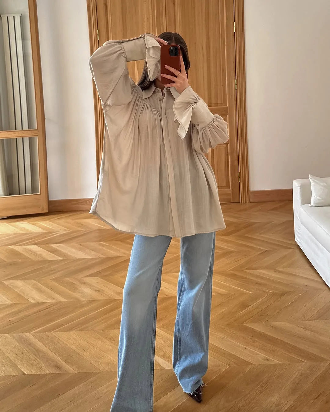 Summer Ruffled Loose Shirts For Women Lapel Long Sleeve Casual See-Through Blouse