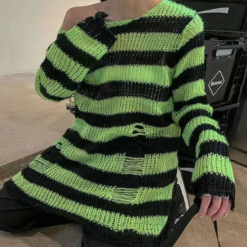 Punk Gothic Long Sweater Women Striped Broken Jumper
