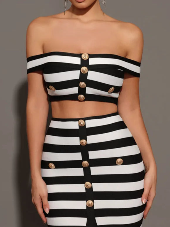Women Off Shoulder Striped Button Two Piece Mini Bandage Skirt Set