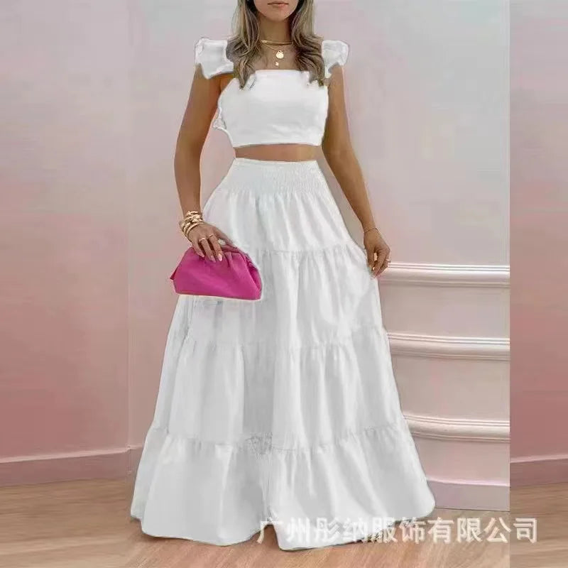 Y2k Two Piece Set Elegant Sexy Collage Sleeveless Top and Maxi Skirt Set
