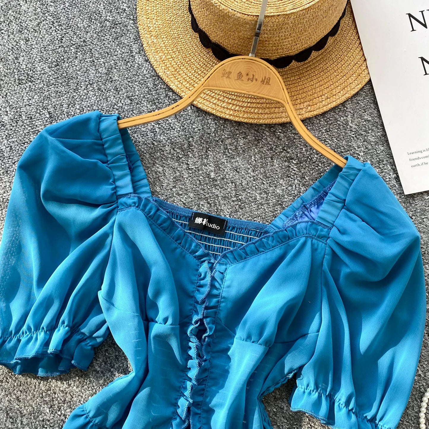 French Style Chiffon Blouse Square Neck Short Sleeves Ruffles Lace Up Beach Top
