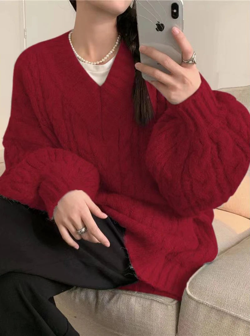 Harajuku Women Sweater Cute Oversized Knitted Pullover V Neck Sweater