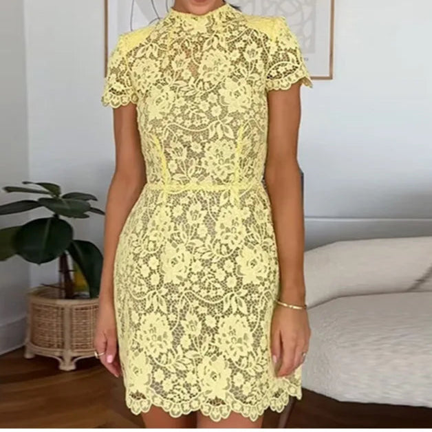 Sexy Lace Printed Women's Dress Elegant O-neck Short Sleeve High Waist Mini Dress