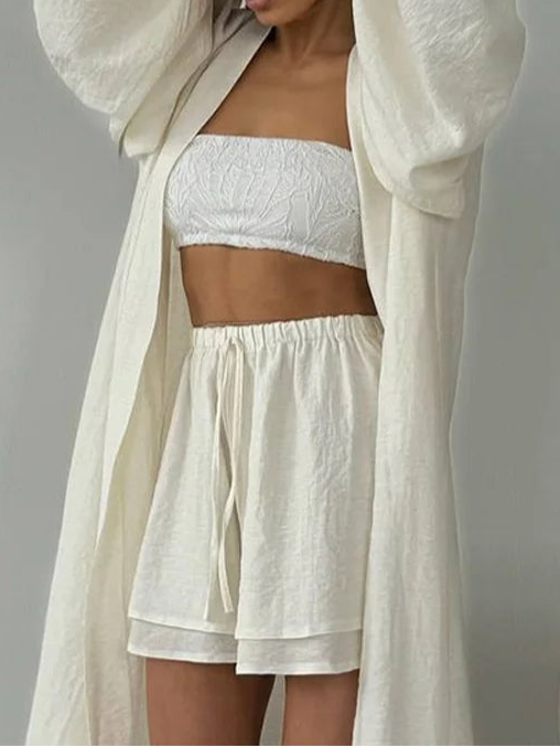 Loose Long Cardigan Lace Up Shorts Sets Women Crop Solid Balloon Sleeve Shirts Elastic Wide Leg Short Pants