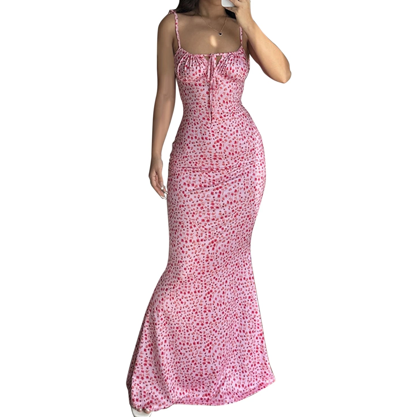 Women Elegant Floral Print Spaghetti Strap Dress with Drawstring Waist