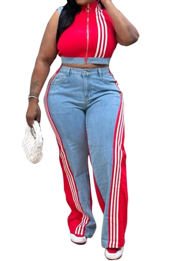 Women's 2 Pieces Sets 2025 Spring Summer Denim Sleeveless Suit Tops And Wide Leg Pants Suits Two Piece Set