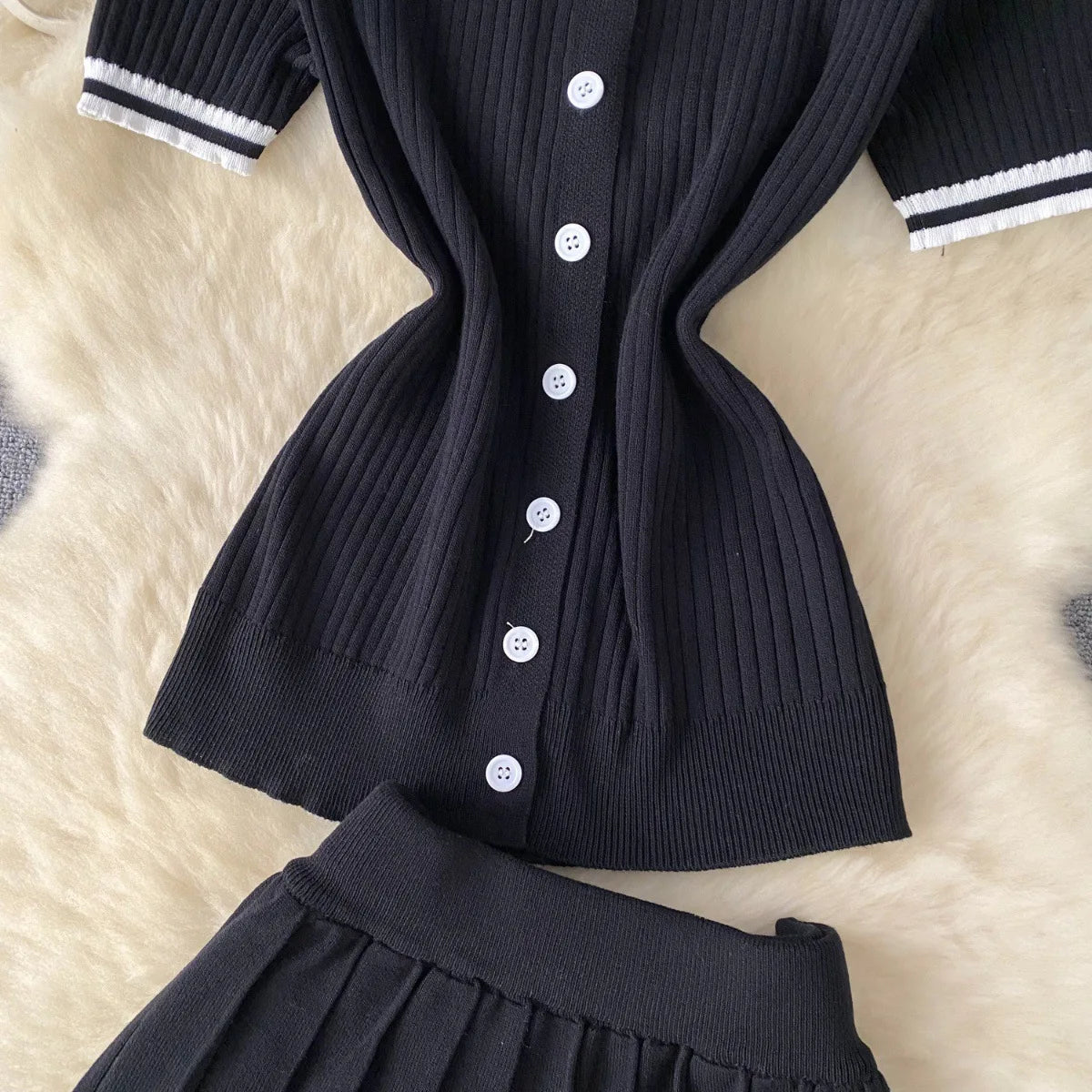 Mini Skirt Set Women Two Piece Sets Polo Collar Knit Shirt Tops Skirt Sets Casual Y2k