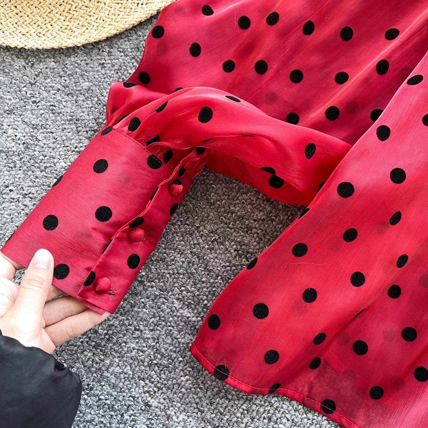 Vintage Polka Dot Tops Puff Sleeve Bow Lace Up Design Blouse