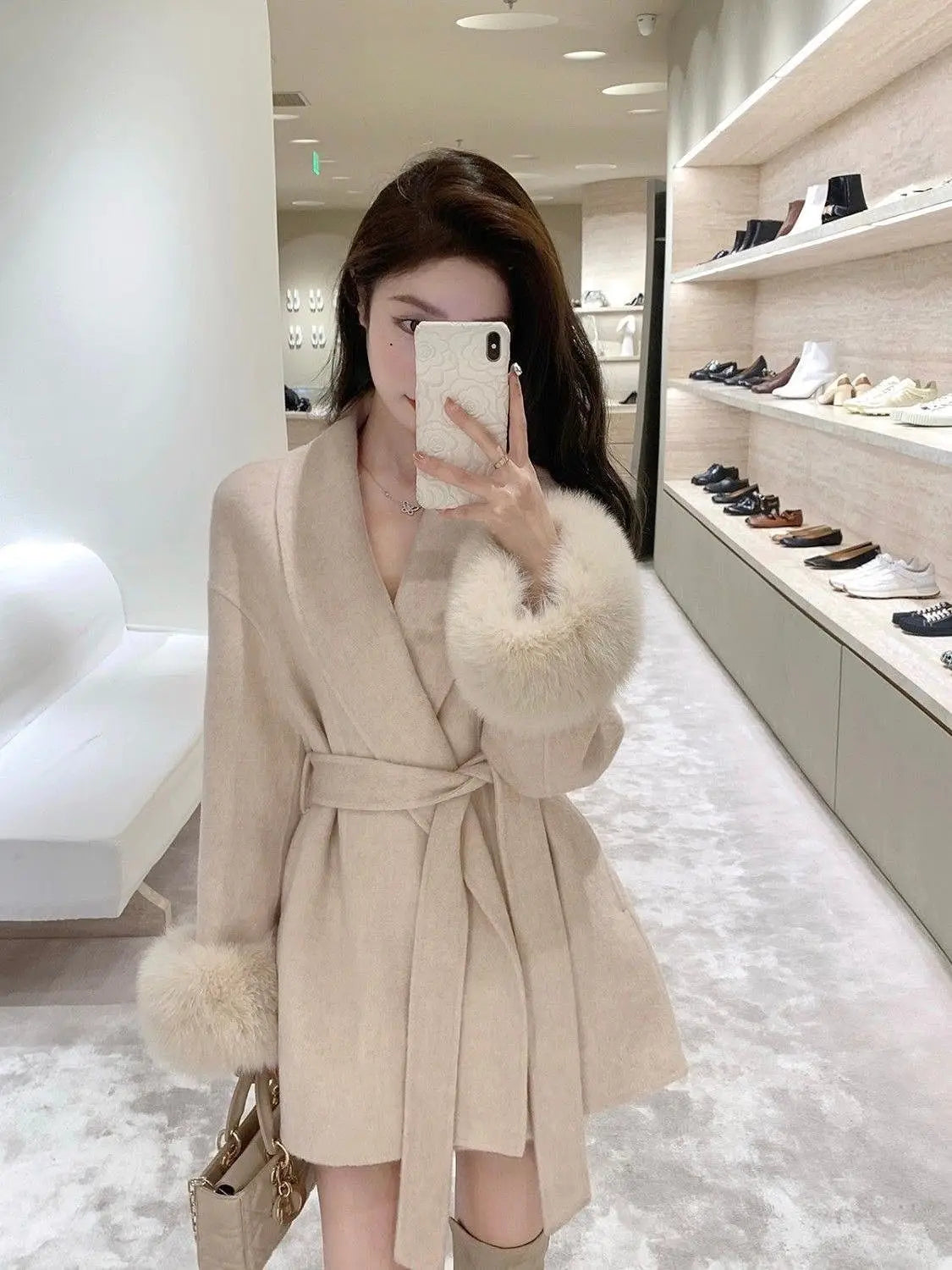 Women Versatile Tweed Cape Coat Belted fox fur Blends Coat for Women