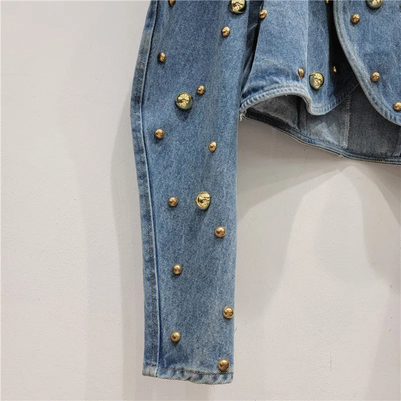 Women Rivets Long Lantern Sleeve Denim Coat Short Pearls Top Bomber Jacket Cowboy Jacket