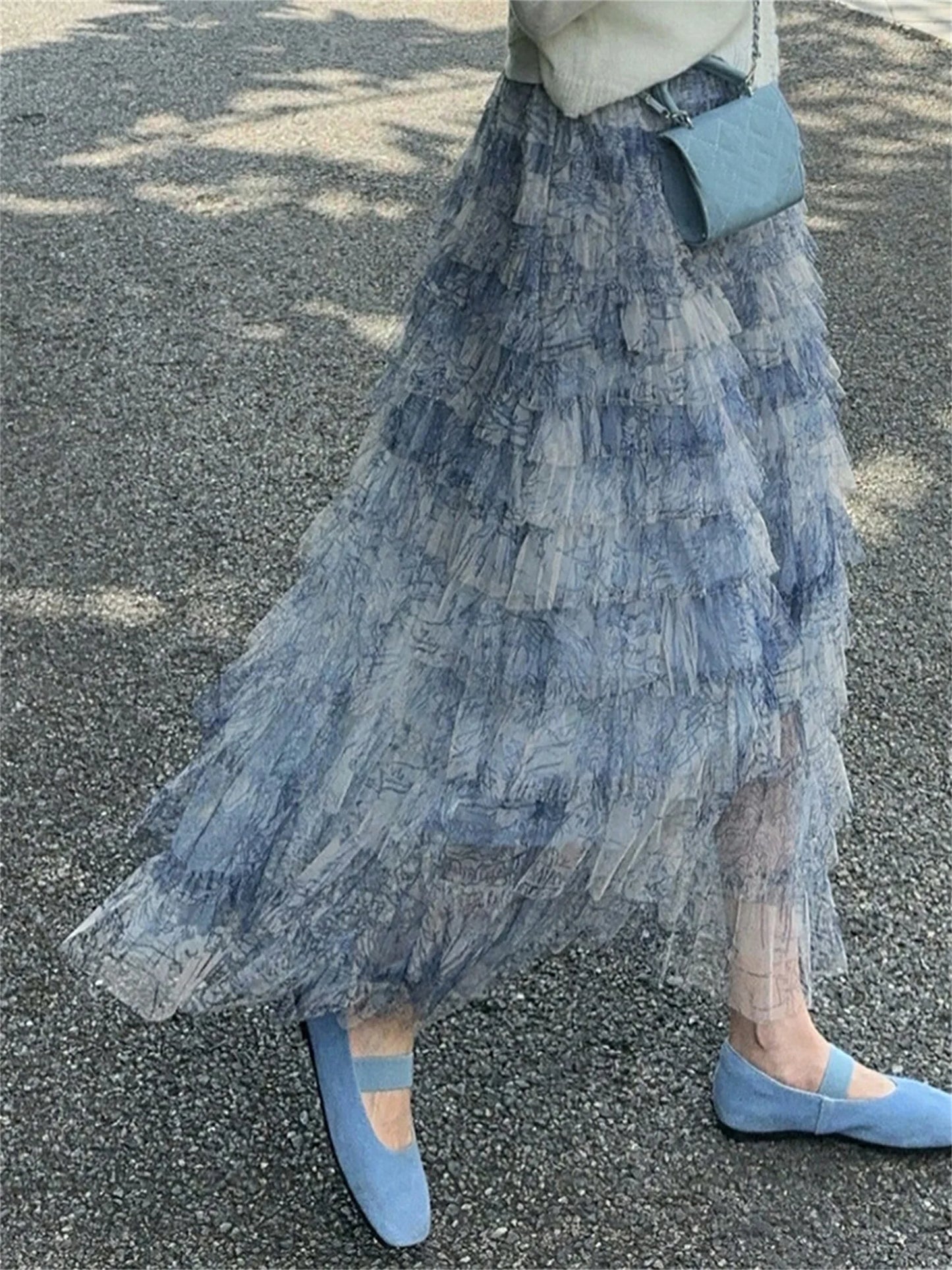 Elegant Floral Lace Maxi Skirt with High Waistband and Flowy Layers Skirt