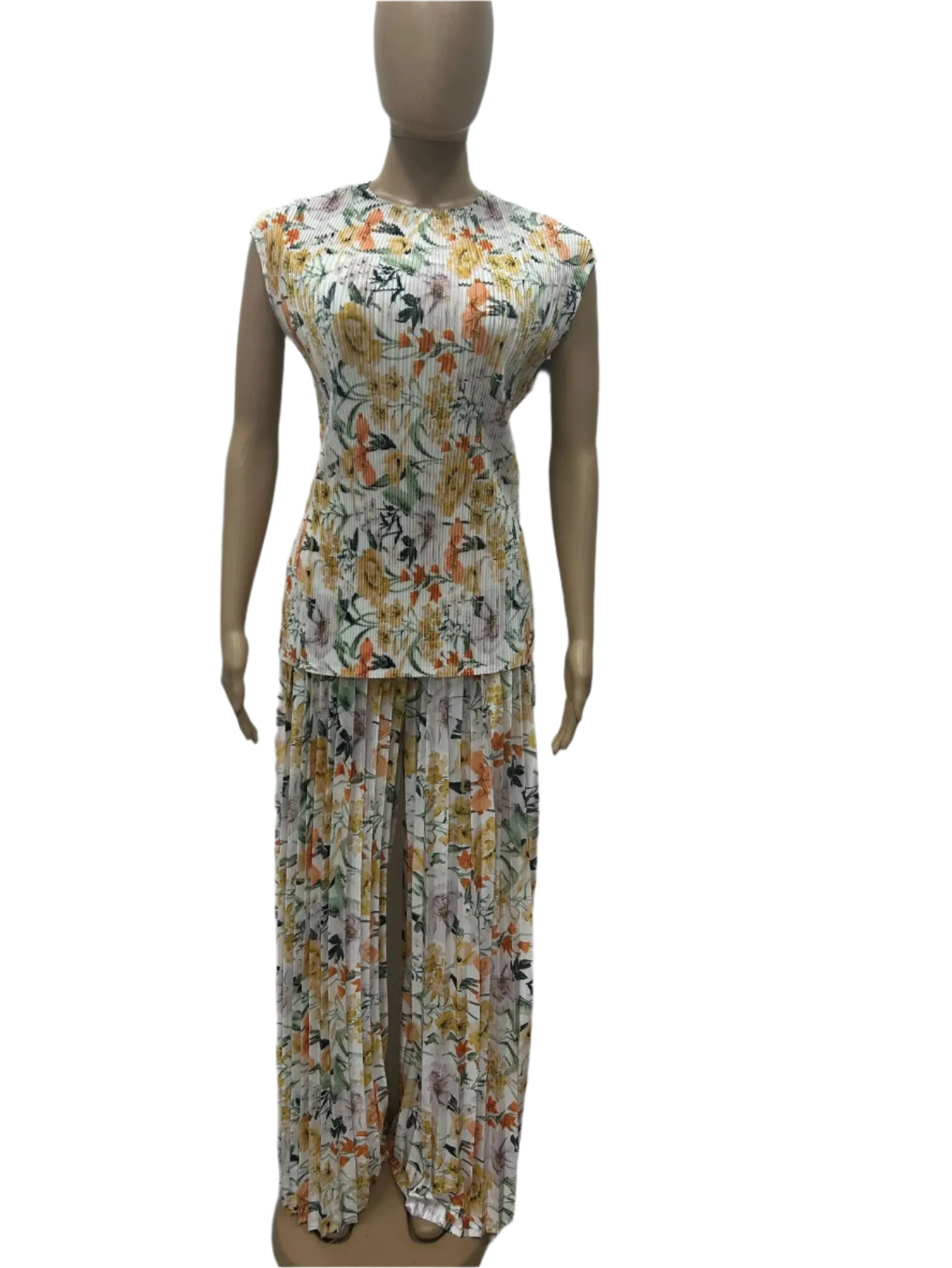 Women Set Floral Print Short Sleeve Pleated T-Shirt + Wide Leg Pants Two 2Piece Sets