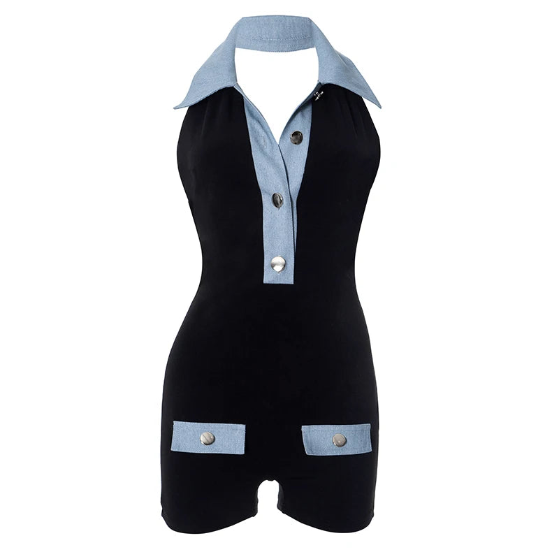 Denim Patchwork Rompers Polo-Neck Backless Sleeveless Vacation Playsuits
