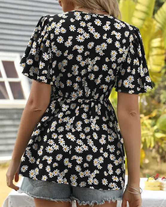 Plus size summer women's new floral V-neck waist-cinching top