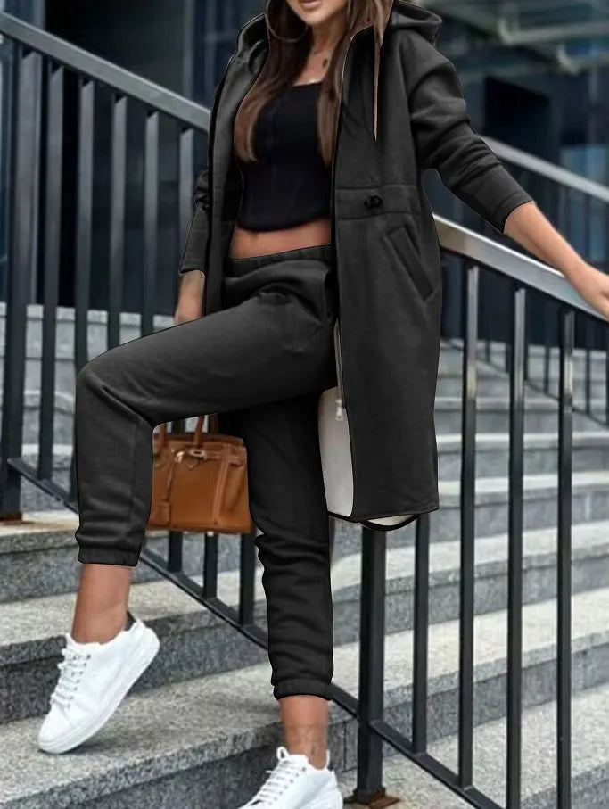 Women Pant Set Hooded Zipper Long Coats Two Piece Suits Casual Straight Pants