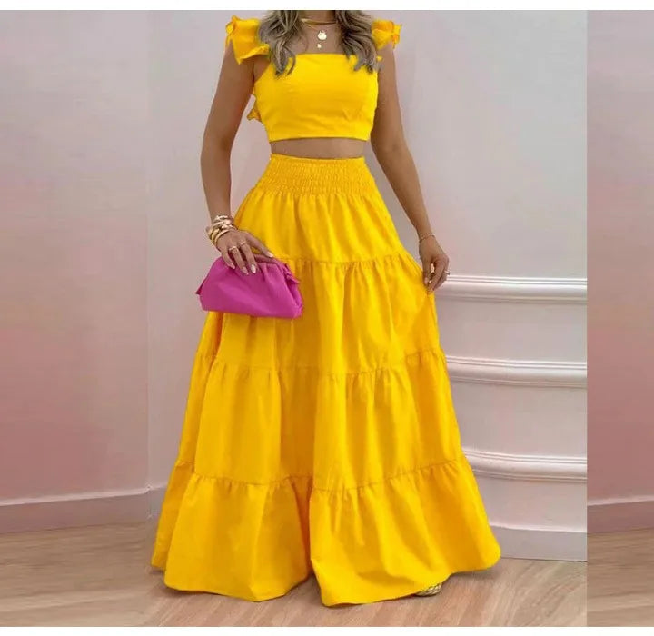 Y2k Two Piece Set Elegant Sexy Collage Sleeveless Top and Maxi Skirt Set