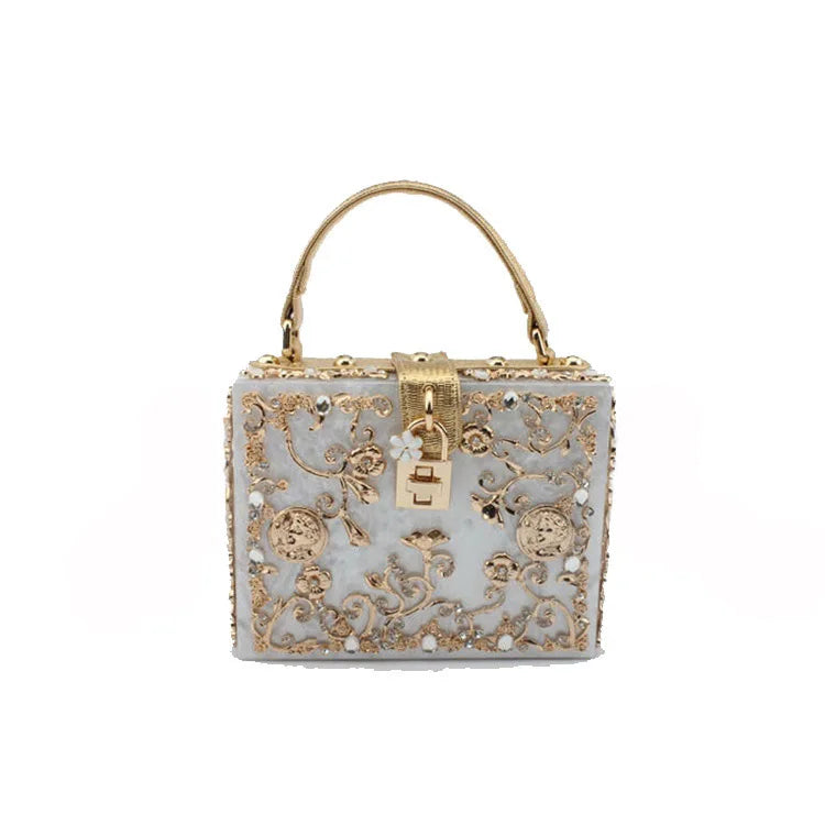 High-Grade Crystal Evening Bag Female New Hollow Out Metal Carved Flower Diamond Handbag