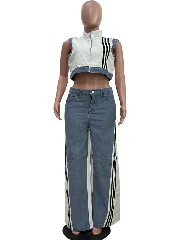 Women's 2 Pieces Sets 2025 Spring Summer Denim Sleeveless Suit Tops And Wide Leg Pants Suits Two Piece Set