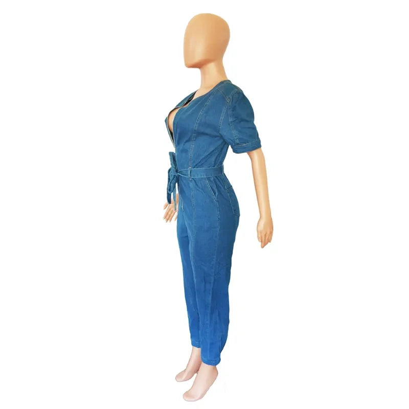 Denim Jumpsuit for Women Lace-up Pencil Pant Jeans Short Sleeve Sashes Long Rompers Playsuits One Piece Overalls Outfits