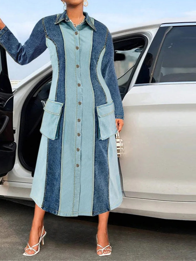 Plus Size Denim Dresses Women Long Sleeve Casual Button Pockets Striped Maxi Dress