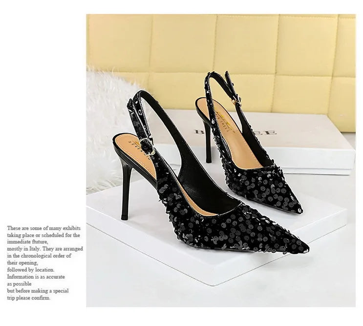 Sequined Cloth Woman Pumps Pointed Toe Thin Heels Hollow Buckle Strap Wedding Party Shoes