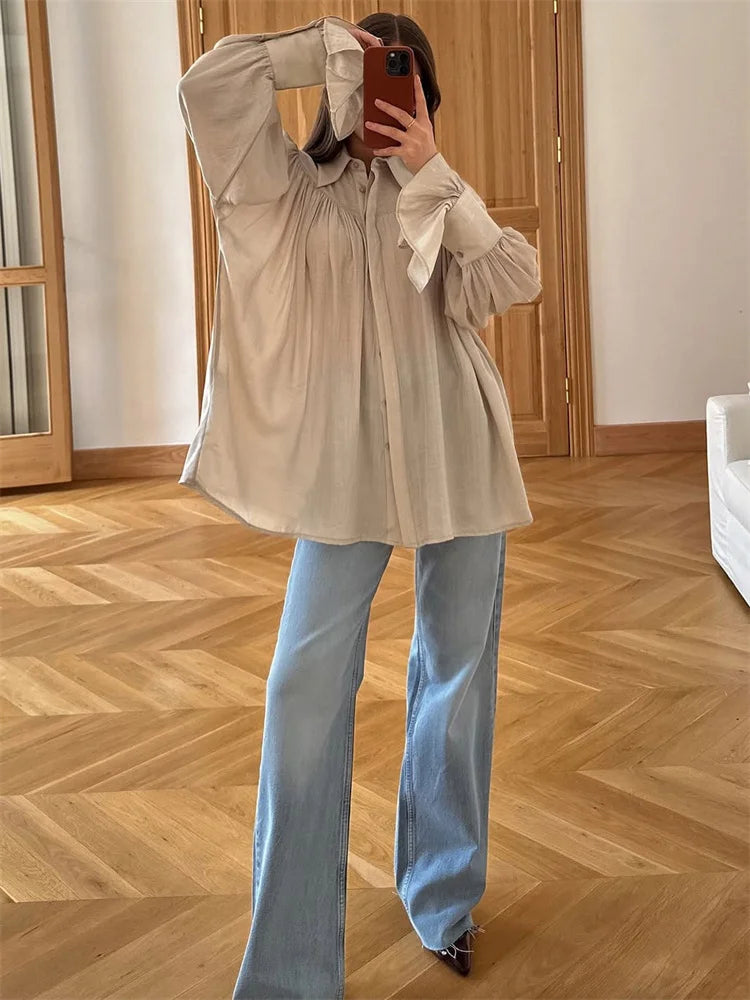 Summer Ruffled Loose Shirts For Women Lapel Long Sleeve Casual See-Through Blouse