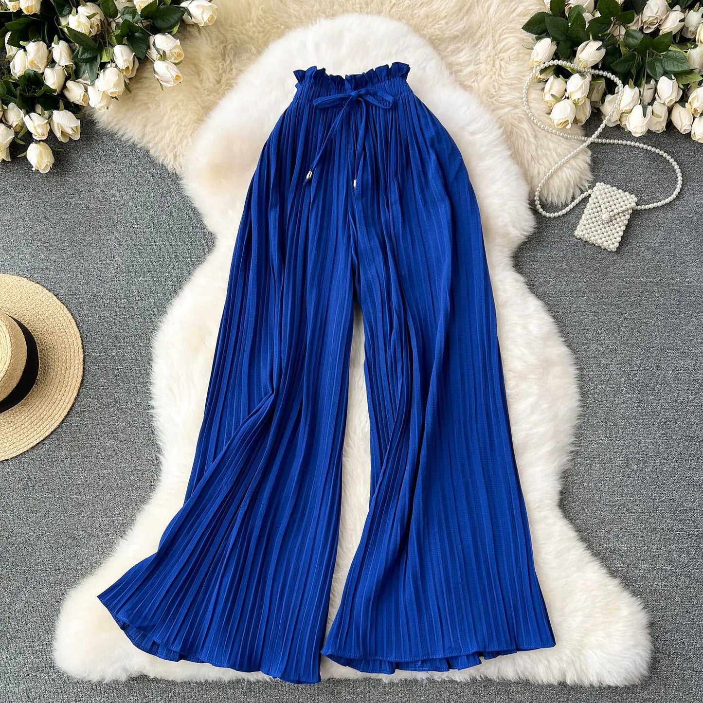 Women Long Pants Wide Leg Pant Solid Loose Casual Lace Up Tight High Waist Capris Regular Pleated Trousers