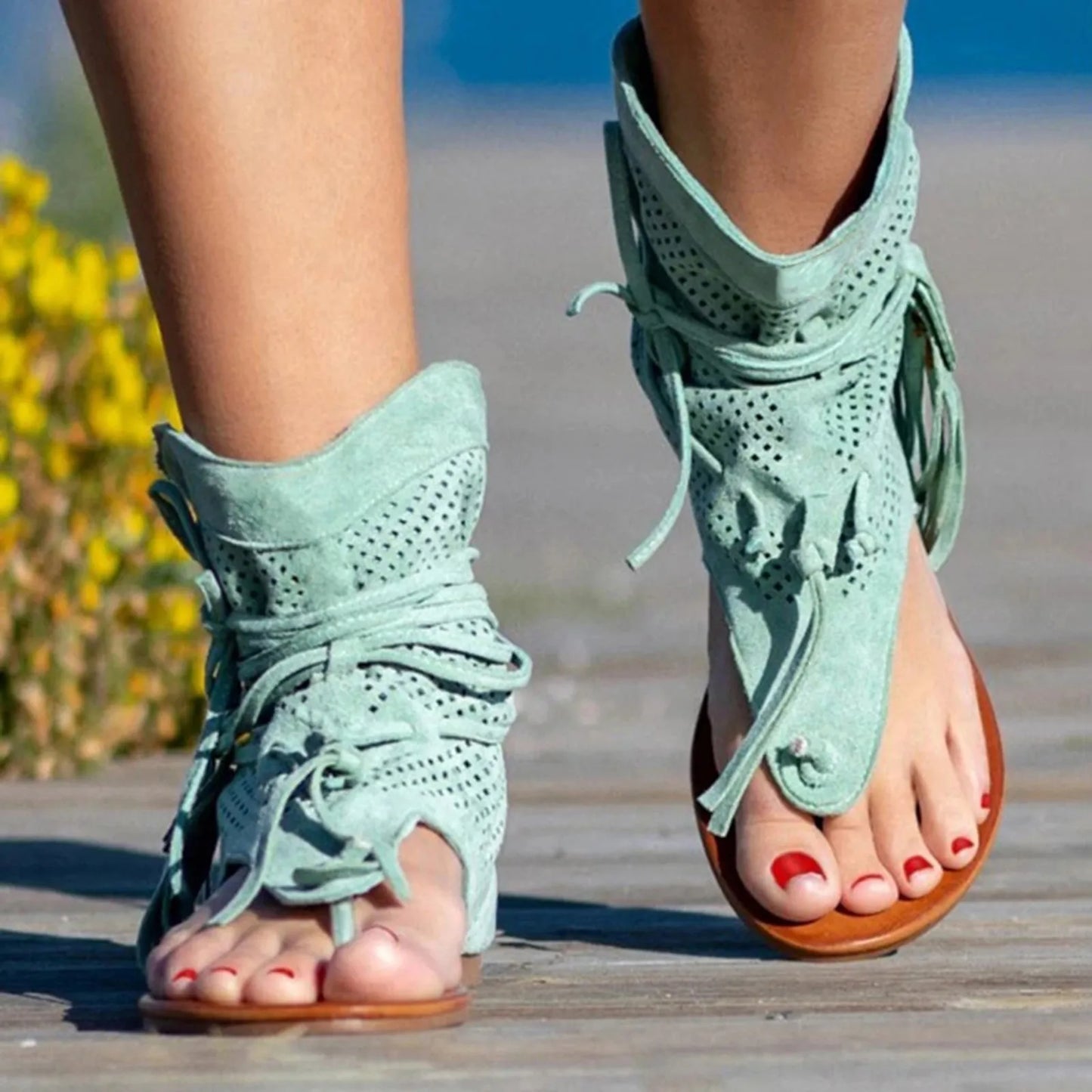 Sandals for Women Retro Bohemian Tassel Roman Beach Shoes Summer Clip Toe Gladiator Sandals